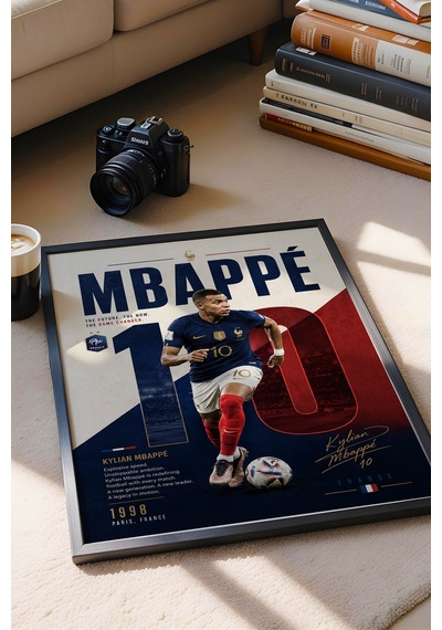 Mbappe Çerçeveli Tablo Lüks Futbolcu Duvar Posteri Premium Odası Dekoru Sporcu Hediyesi Siyah