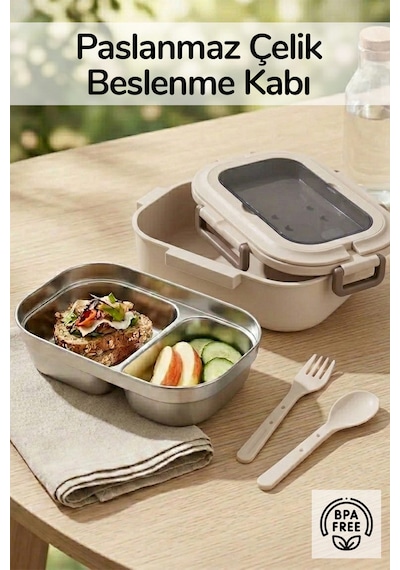 2 Bölmeli Kaşık Çatallı Paslanmaz Çelik Yemek Kabı Lunch Box Sefer Tası Beslenme Kabı Latte Krem