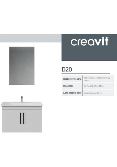 Creavit D20 Banyo Dolabı Seti Çekmeceli 80 Cm Beyaz