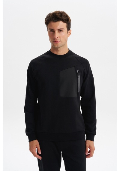 AR-MA Arma Erkek Slim Fit Scuba Interlok Bisiklet Yaka Sweatshirt Ön Sol Fermuarlı Cepli, Sol Kolda Etiketli K30124685402 Siyah