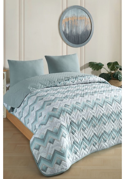 Çift Kişilik Desenli Kapitone Çift Taraflı Renkli Pike Yatak Örtüsü Takımı 200x230 Cm Çarşafsız Yeşil