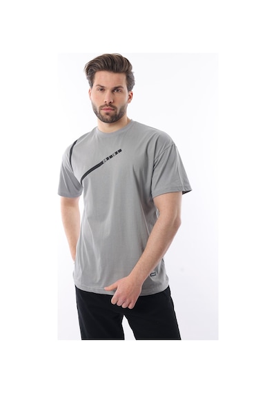 Madmext Boyalı Gri Bisiklet Yaka Şerit Detaylı Pamuklu Erkek T-shirt E7033 Gri