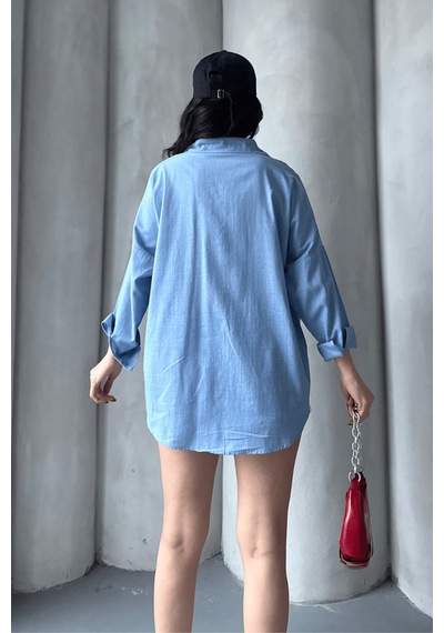 Paw Garage Kadın Harper Çift Cepli Oversize Keten Gömlek, 2025 Summer Collection Mavi