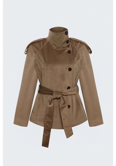 Sateen Dik Yaka Kadife Kısa Ceket Camel