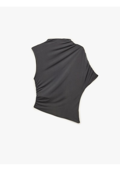 Koton Drapeli Slim Fit Kısa Kollu Dik Yaka Asimetrik Bluz Antrasit 7wal60014ık