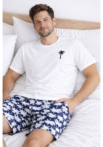 Erkek Pamuklu Kısa Kollu Palmiye Desenli Cepli Şortlu Pijama Takımı Ke77626 Lacivert - Beyaz