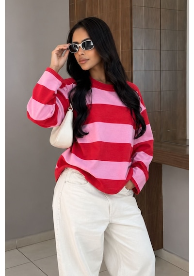 Hiccup Bıpantolon Kadın Oversize Çizgili Bisiklet Yaka Sweatshirt Çok Renkli 01
