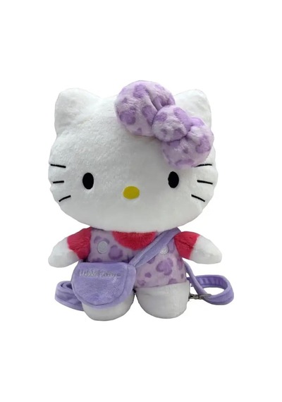 Miniso Mınıso Sanrio Lisanslı Hello Kitty Peluş Sırt Çantası Mor Leopar Desenli 30 Cm Pembe