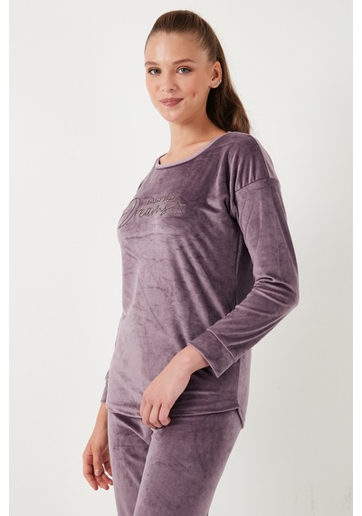 Lela Standart Fit Bisiklet Yaka Yumuşak Kadife Bayan Pijama Takımı 6094202 Lila