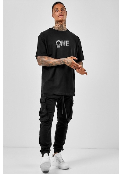 One T-shirt - Siyah Baskılı Oversize Bisiklet Yaka Kısa Kol Tişört Siyah