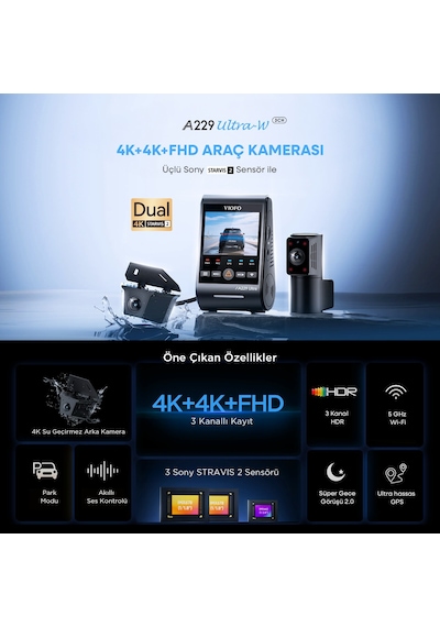 Viofo A229 Ultra-w 3 Kameralı Ön+arka Su Geçirmez+iç 4k+4k+1080p Hdr Sony Starvıs 2 Sensörlü Gps'li Araç Kamerası