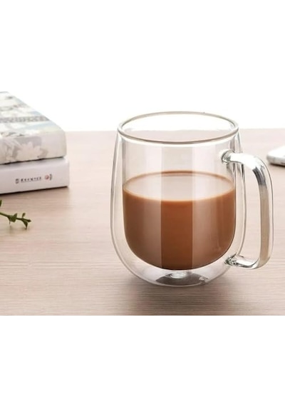Cidarlı Borosilikat Cam 2 Li Set 250 Ml Kurutulmuş Çiçek Detaylı Dayanıklı Kulplu Şeffaf Estetik Çay Kahve Bard Diğer