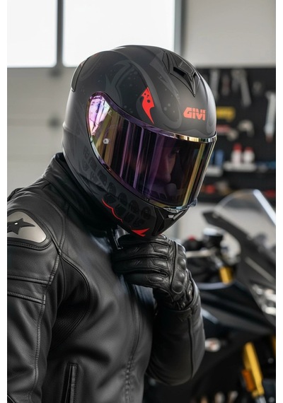 Gıvı 50.x Bones Kırmızı  1 Renkli 1 Şeffaf Vizörlü Motosiklet Kask İridyum Vizör + Şeffaf