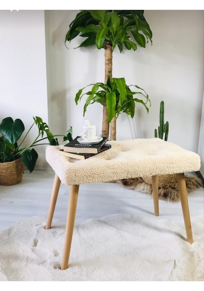 Gürgen Retro Ahşap Ayaklı Handmade Pofidik Puf Bench Koltuk Krem