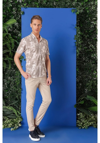 Efor Slim Fit Düğmeli Yaka Batik Desenli Kısa Kol Pamuk Bej Gömlek G 1502 Bej