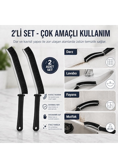 Dar Alan Temizleme Fırçası - 2 Adet Siyah İnce Uçlu Sert Kıllı Derz Fırçası - Pencere Rayı Lavabo Musluk Klima Filtre Klavye Kapı Kanalı Banyo Mutfak Temizlik Seti