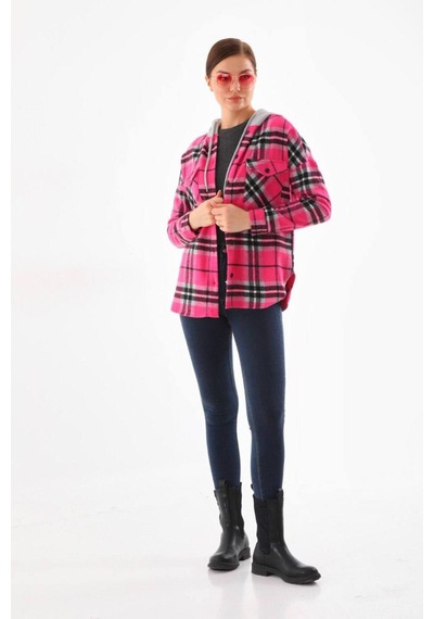 Polologin Butik Kadın Fuşya Pembe Kapüşonlu Ekose Oduncu Gömlek Ceket Pembe
