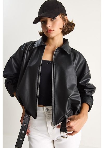 Shade Kadın Oversize Tokalı Deri Ceket 3137 60284058 - Siyah