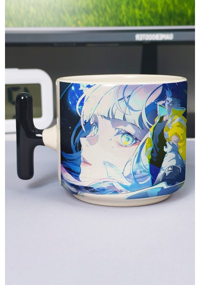 Cyberpunk Edgerunners Anime Baskılı Seramik Lüks Kupa 1 Adet T Şeklinde Özel Siyah Kulp Dalga Kulp V2t Çok Renkli
