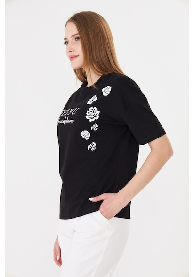 Sortie Collection Feıyu Peacefulness Gül Baskılı Rahat Kalıp Basic Tişört Siyah