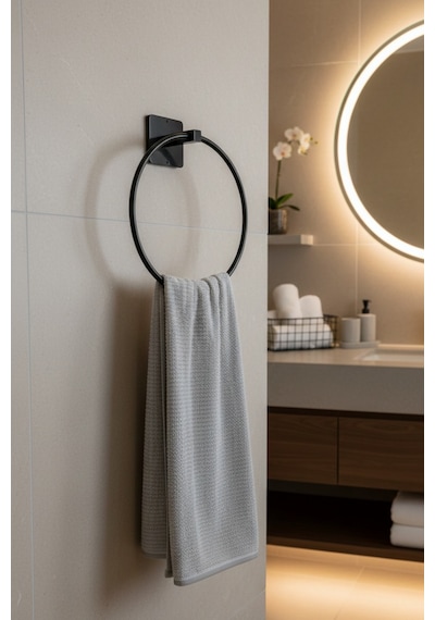 Yapışkanlı Siyah Yuvarlak Havluluk Banyo Mutfak Havlu Askılık Siyah Diğer
