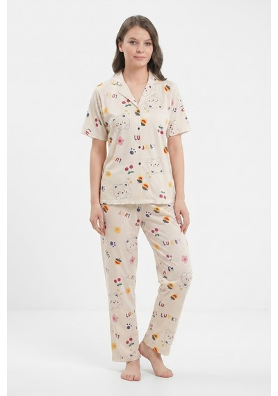 Hepsine Rakip Kadın Düğmeli Kısa Kollu Uzun Alt Pijama Takımı Ayıcık Desenli 7515 Krem