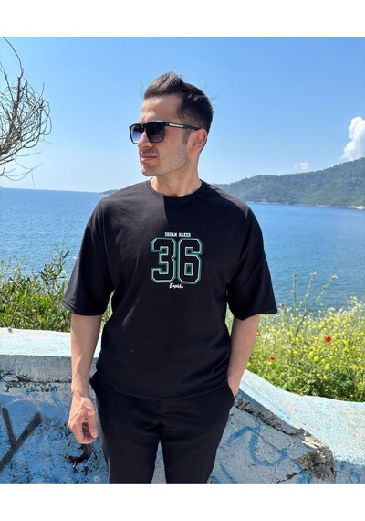Erkek Bisiklet Yaka Oversize Baskılı T-shirt SIYAH
