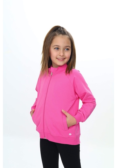 Toontoy Kız Çocuk Dik Yaka Fermuarlı Cepli Reglan Kol Örme Hırka - 2 İplik Fuşya