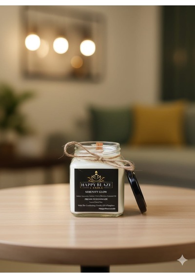 Serenity Glow Amber & Lavanta Kokulu El Yapımı Soya Mumu Happy Blaze Candle Beyaz