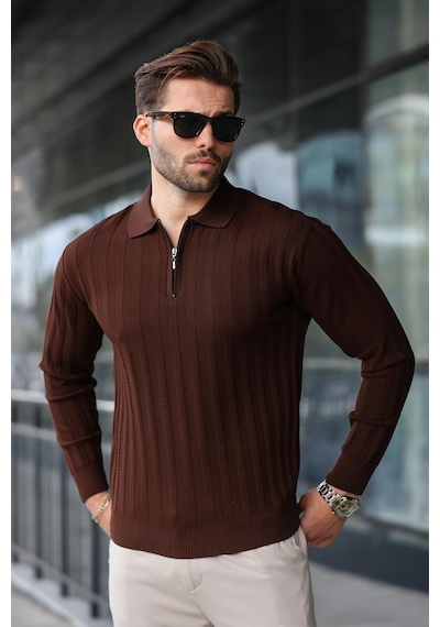 Madmext Kahverengi Yarım Fermuarlı Polo Yaka Triko Kazak E7426 Kahverengi