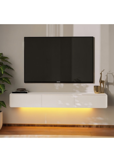 İnarch Dizayn Alba Led Işıklı Duvara Monte Tv Sehpası - 3 Kapaklı Tasarım Beyaz