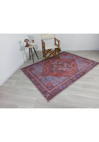 Kırmızı Ve Mavi Madalyon Desenli Vintage Halı