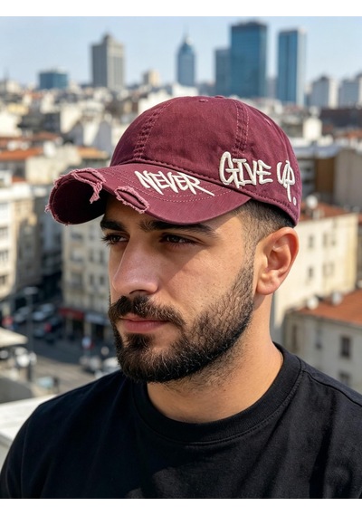 Valkyrie Unisex Bordo Never Give Up Nakışlı Baseball Şapka Ayarlanabilir Vintage Streetwear Spor Kep