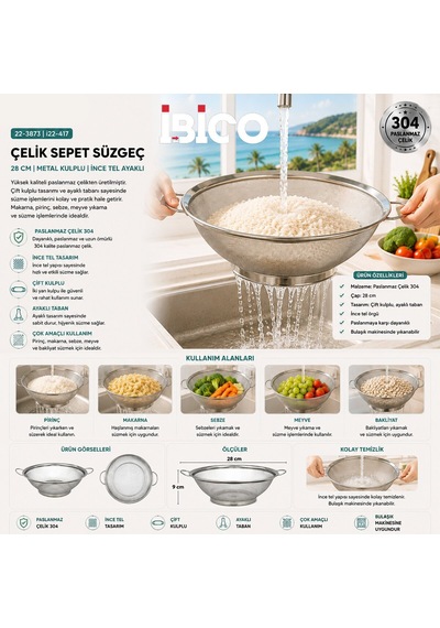 İbico Tel Sepet Süzgeç Metal Kulplu 28cm Diğer