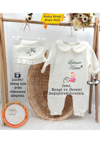 Gros Shop 4 Katlı Müslin 2'li Hastane Çıkış Mevlüt Seti %100 Pamuk Organik Kişiye Özgü İsimli Nakış Desenli Ekru