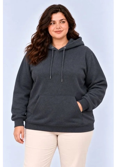 Battal Büyük Beden Üç İplik İçi Şardonlu Kapüşonlu Kanguru Cepli Kışlık Sweatshirt - Füme