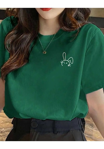 Kozia Outdoors Malkoçbey Küçük Tavşan Detaylı Basic Oversize Unisex T-şhirt Yeşil Yeşil