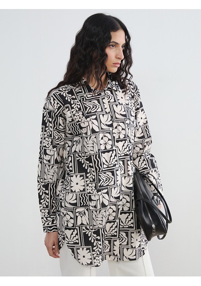 Lcw Modest Siyah Desenli Oversize Kadın Gömlek Tunik
