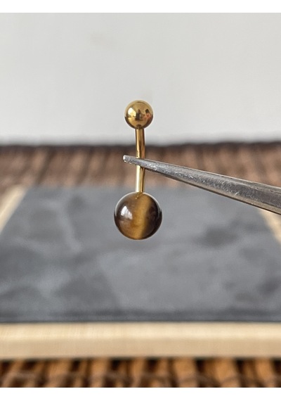 %100 Cerrahi Çelik Doğal Kaplangözü Taşlı Çelik Göbek Piercingi Altın Kahverengi