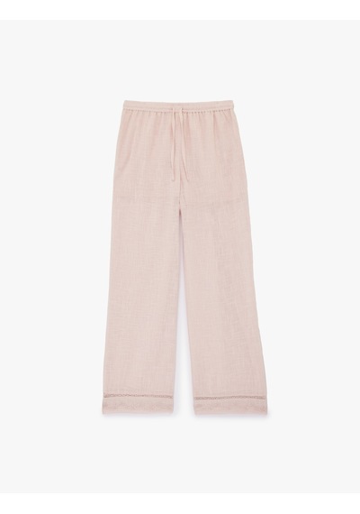 Koton Pamuklu Nakışlı Beli Bağcıklı Düz Paça Pantolon Pembe 6sal40033ıw Gül