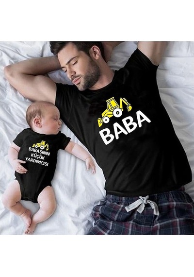 İnşaat Araçları Baba Oğul Kız Tişört Zıbın Kombini