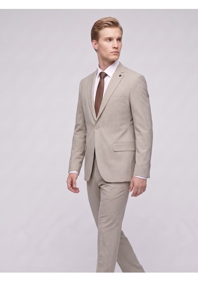 Tk6890 Erkek Çizgili Takım Elbise Slim Fit Modern Kesim Şık Klasik Ceket Pantolon Takım Bej