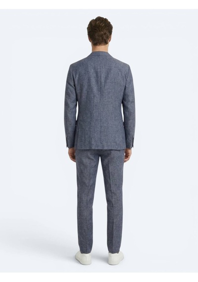 Kip Mavi Desenli Modern Fit Keten Karışımlı Takım Elbise