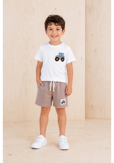 Eray Alp Kids Erkek Çocuk Beyaz Baskılı Traktör Tişört Şort Takımı Yazlık Günlük Model