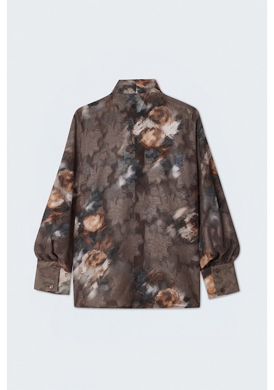 Sateen Fularlı Desenli Gömlek - Kahve-137419