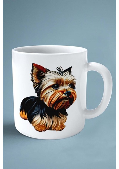 York Shire Terrier Köpek Isimli Kişiye Özel Baskılı Kupa Bardak Siyah Beyaz Model Çok Renkli