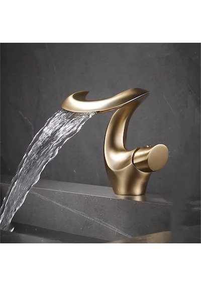 Lüks Gold Şelale Lavabo Bataryası Premium Tek Kollu Tezgah Üstü Musluk Otel Özel Tasarım Gold