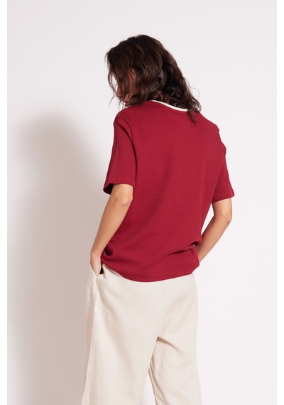 Pamuklu Kısa Kollu Kontrast Bisiklet Yaka T-shirt Bordo