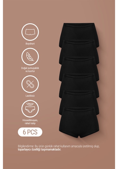 Auw Kadın Lastiksiz Pamuklu Modal Basic Boyshort 6'lı - Softfit Siyah