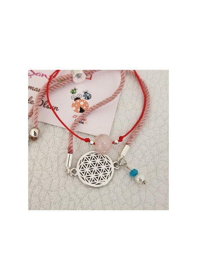 Kırmızı İpli Pembe Kuvars Ve Yaşam Çiçeği Bileklik Gümüş Gümüş
